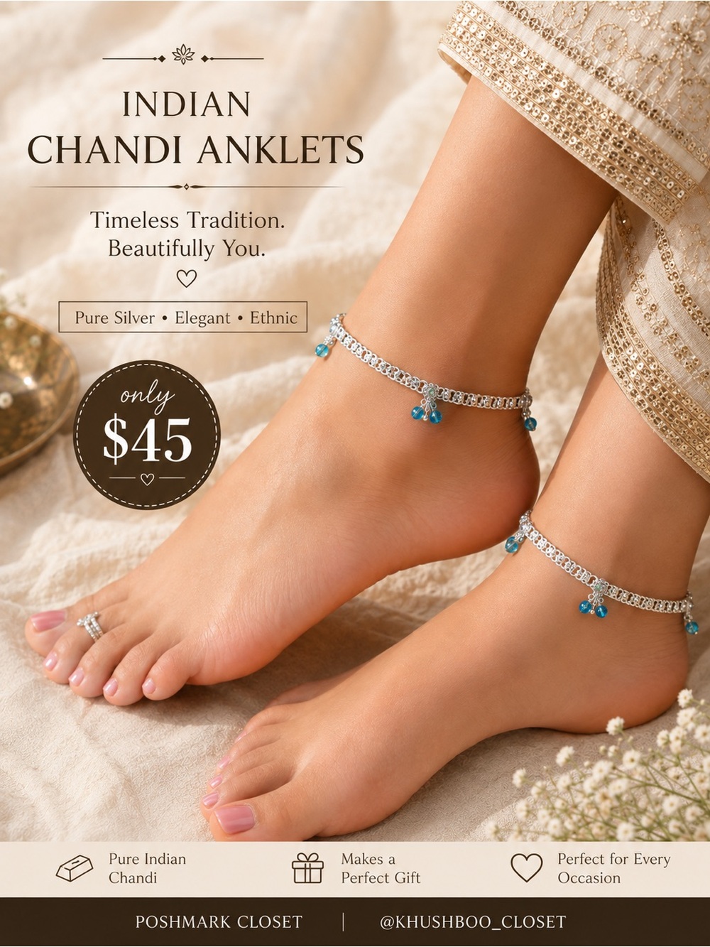 Indian Chandi Silver Bracelet with Blue Charms